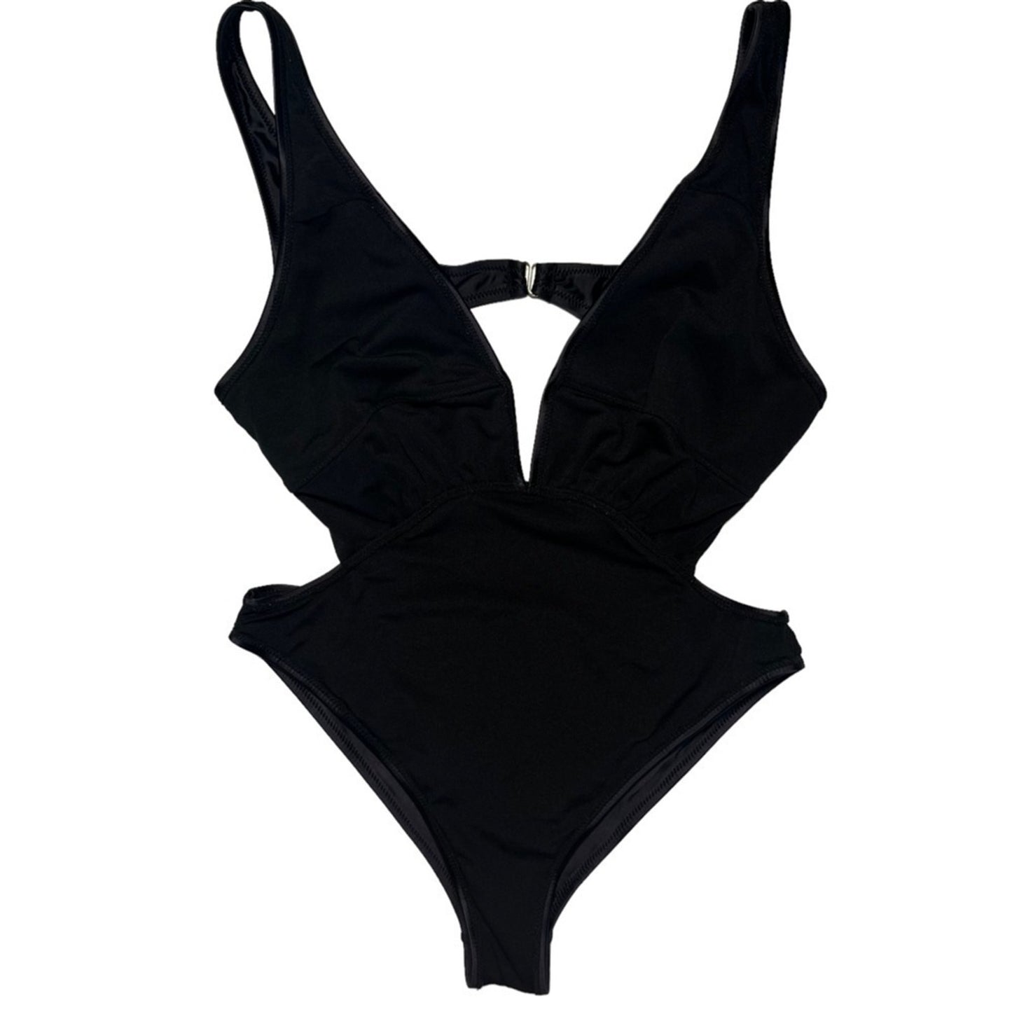 Womens Swimsuit One Piece Black Size Large Cutout Plunging Neck High Thigh