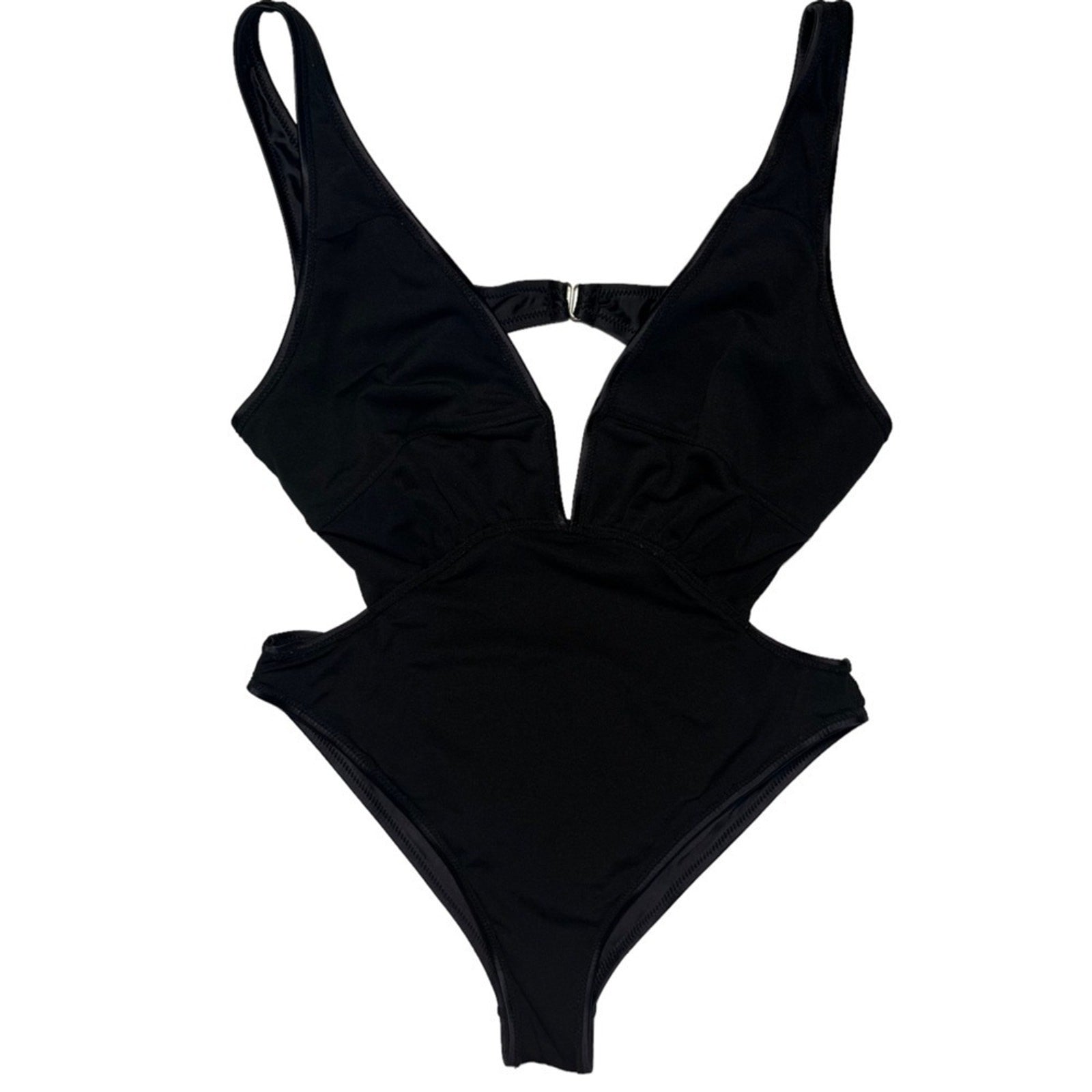 Womens Swimsuit One Piece Black Size Large Cutout Plunging Neck High Thigh
