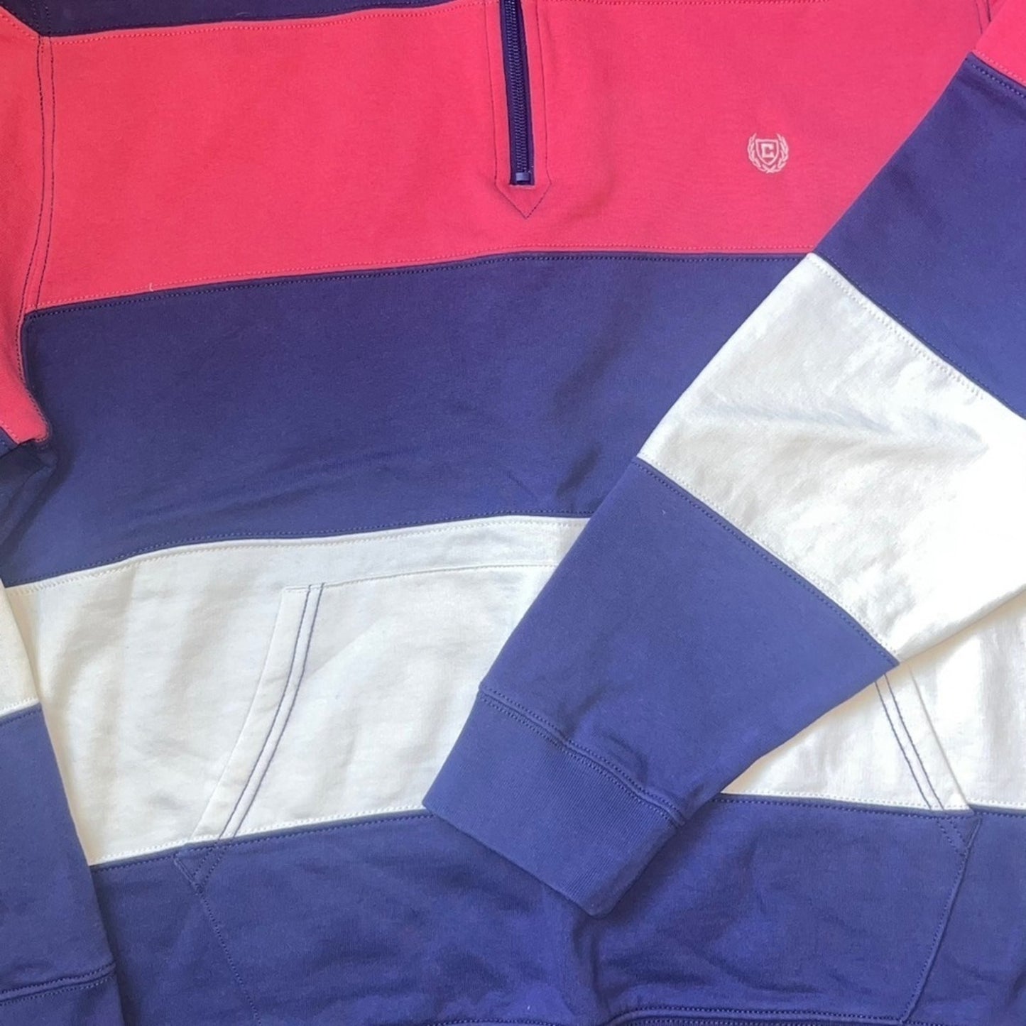 Chaps Pullover Fleece Mens Size XXL Pink Blue White Striped Comfy 1/4 Zip