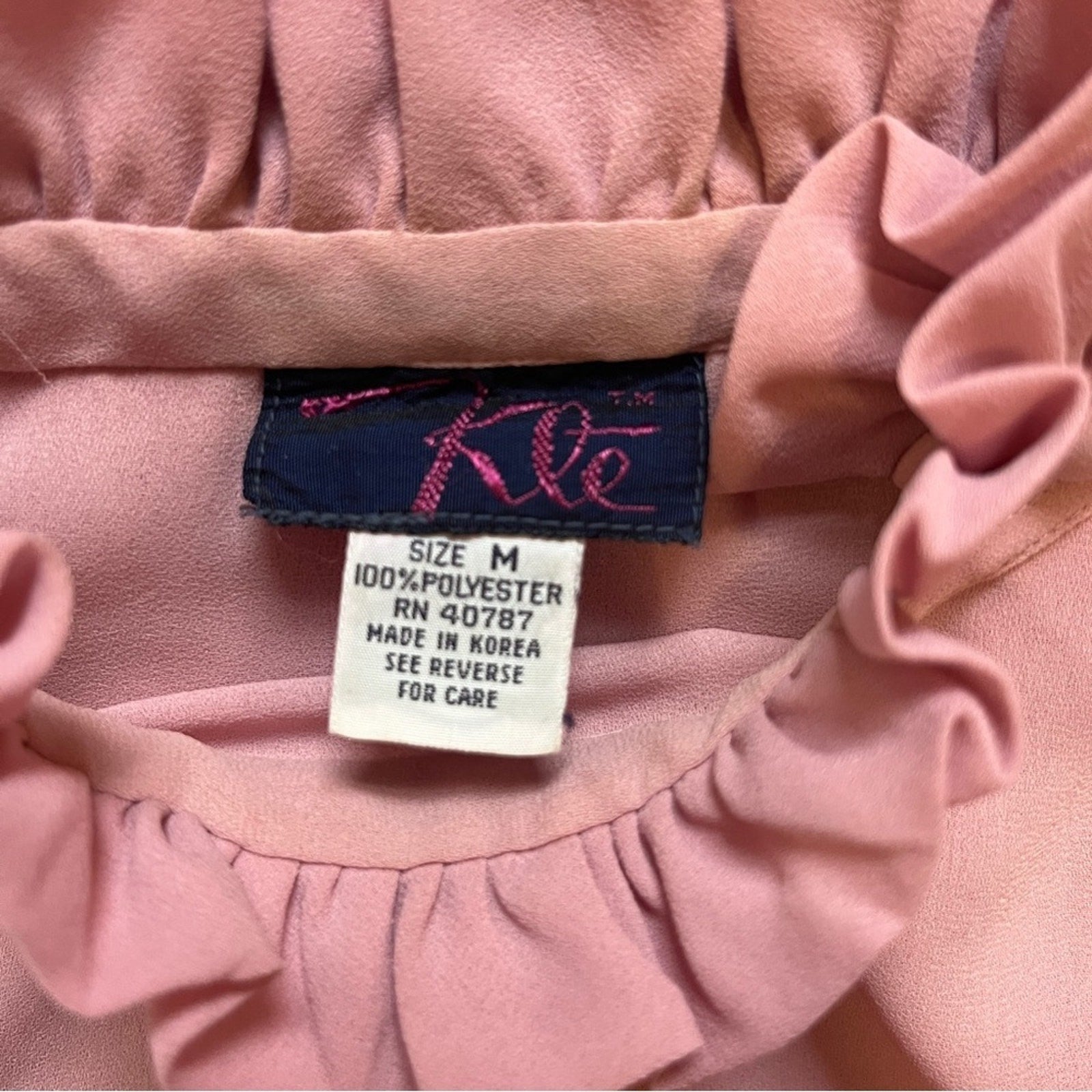 KLE Blouse Womens Size Medium Sheer Ruffle Neck Blush Pink Vintage Nostalgic 80s