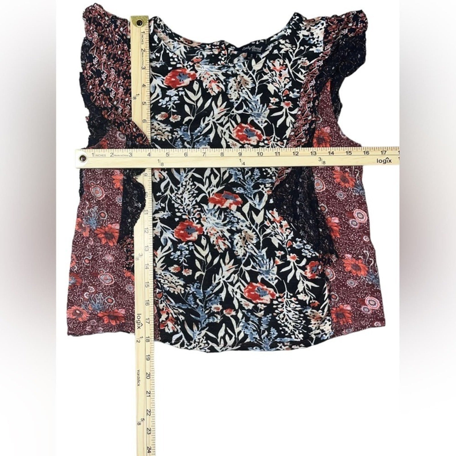 Lucky Brand Mixed Print Blouse Womens Size Small Back Button Ruffle Boho Chic
