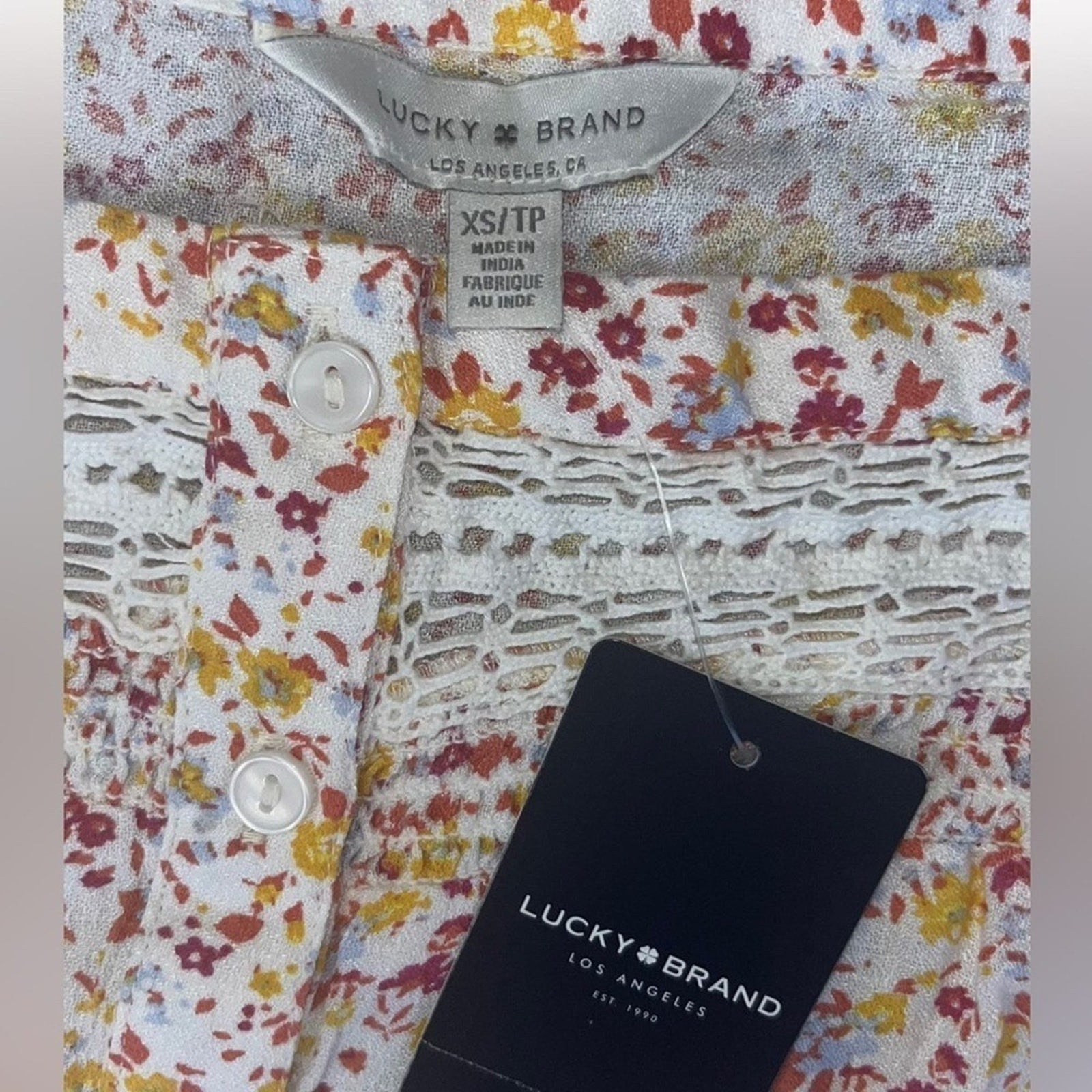 Lucky Brand Phoebe Crochet Trim Floral Top Womens Size XS Off Shoulder Boho NWT 