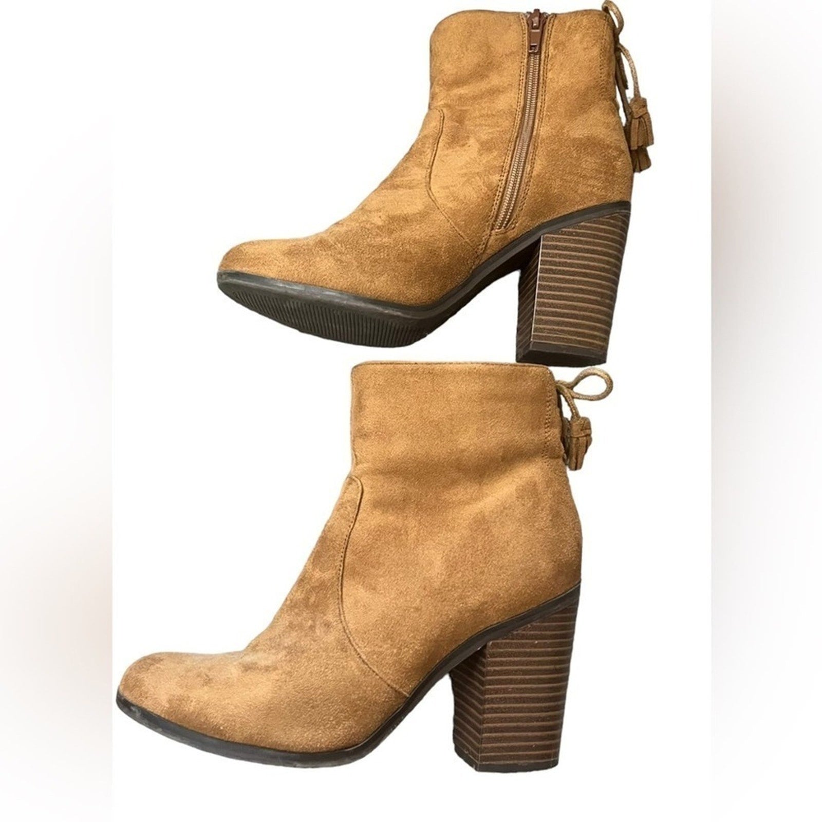 Parker & Sky Ankle Boots Size 8.5 Cognac Brown Faux Suede Block Heel 3.5” Zip