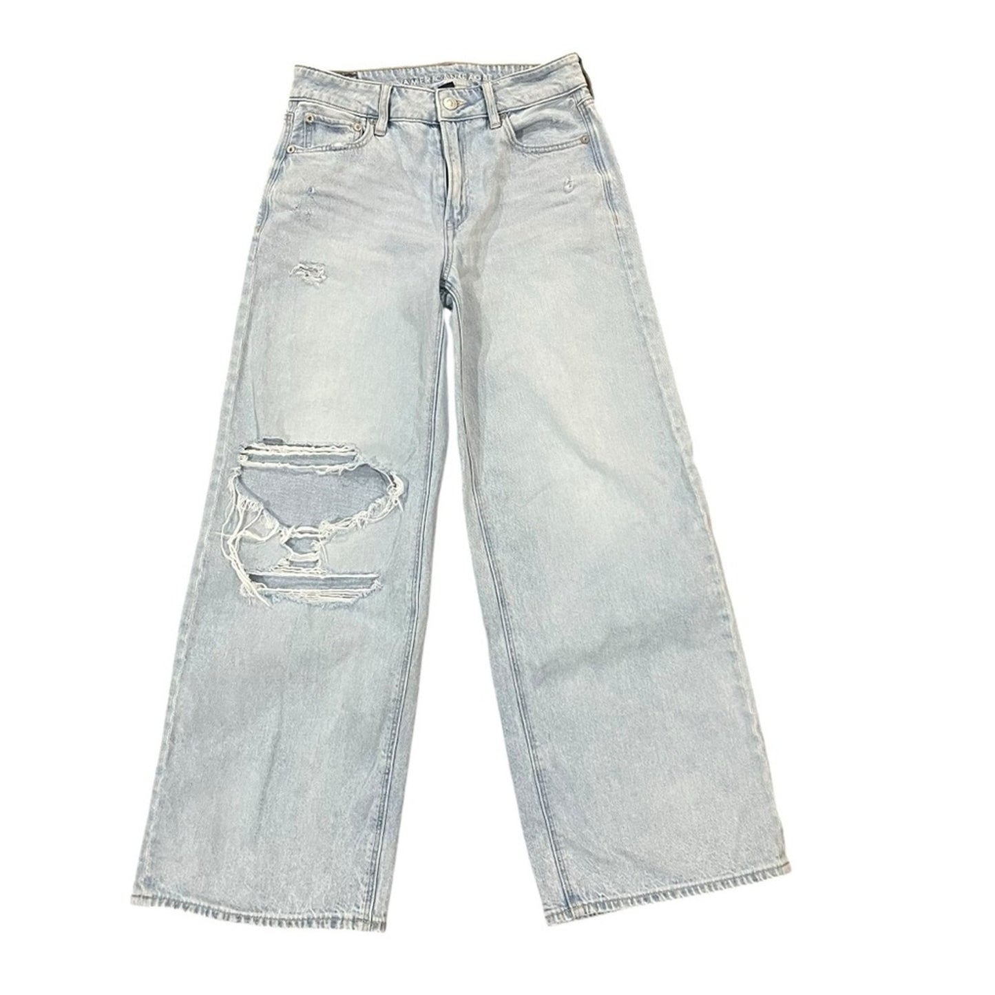 American Eagle Super High Rise Baggy Wide Leg Ankle Light Wash Distressed Sz 00
