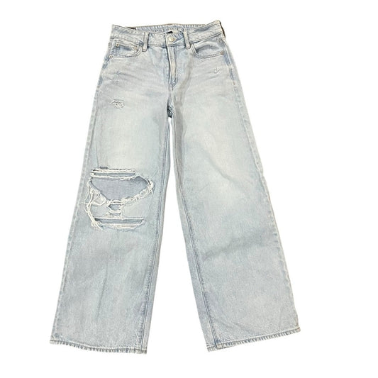 American Eagle Super High Rise Baggy Wide Leg Ankle Light Wash Distressed Sz 00