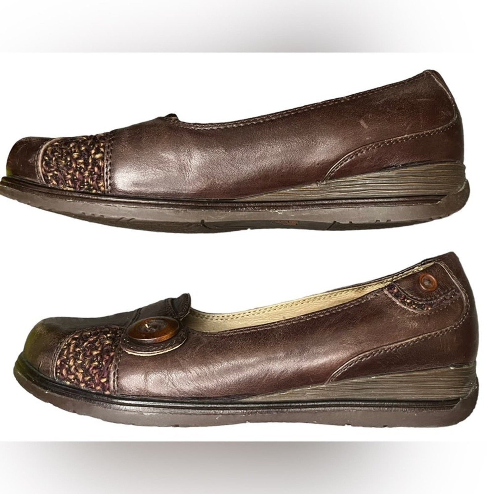 Dansko Pam Women Size 37 Brown Flats Leather Button Wedge Heel Flat 