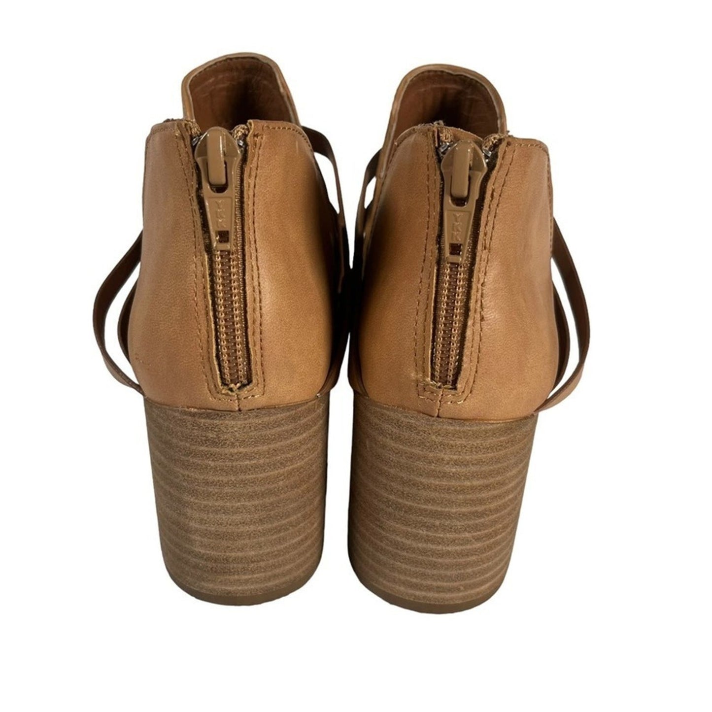 REPORT Trappy Strappy Ankle Bootie Size 8 Almond Tan Bootie Zip Back Block Heel 
