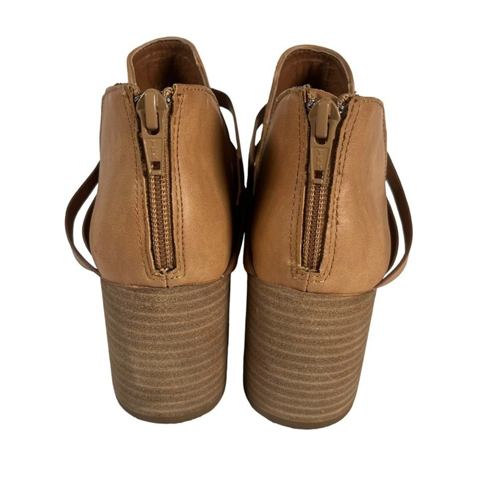 REPORT Trappy Strappy Ankle Bootie Size 8 Almond Tan Bootie Zip Back Block Heel 
