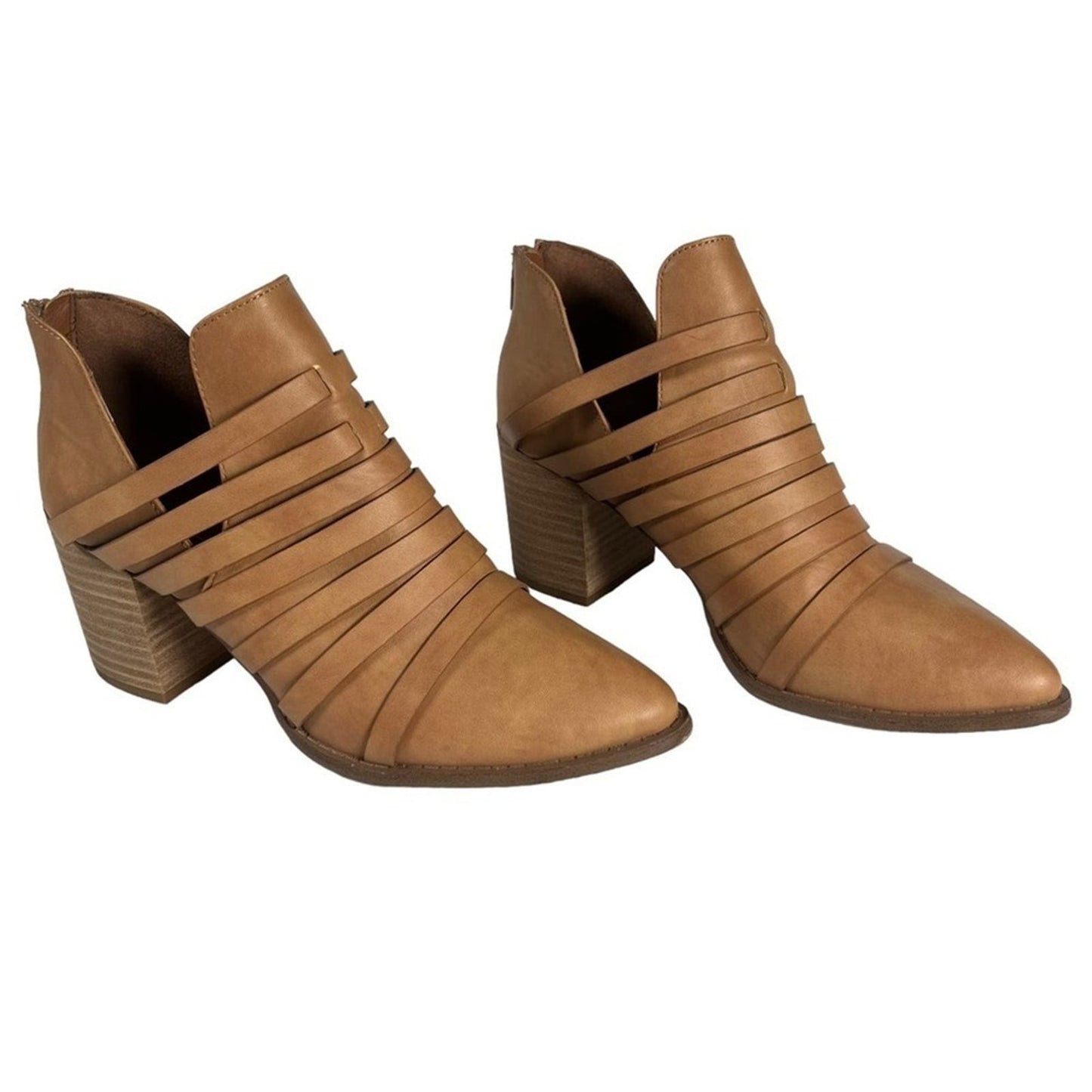 REPORT Trappy Strappy Ankle Bootie Size 8 Almond Tan Bootie Zip Back Block Heel 