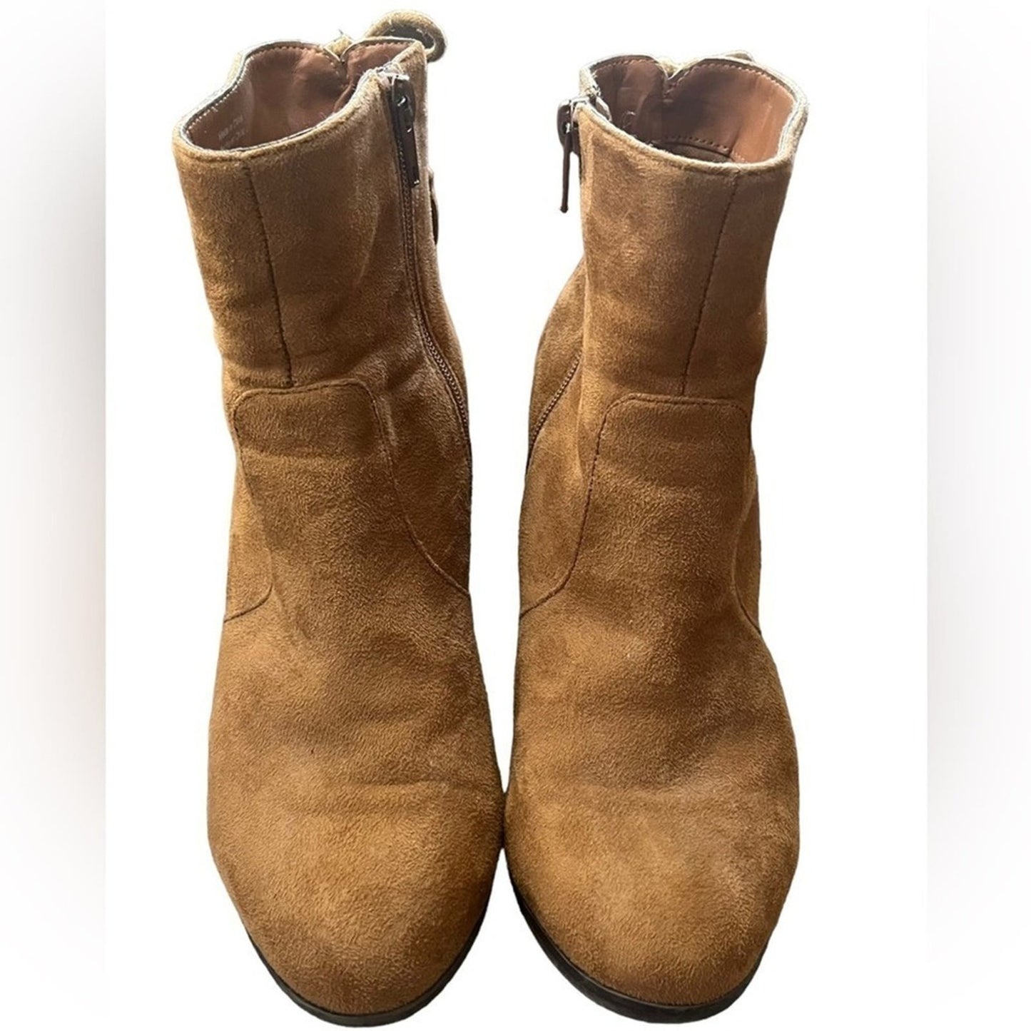 Parker & Sky Ankle Boots Size 8.5 Cognac Brown Faux Suede Block Heel 3.5” Zip