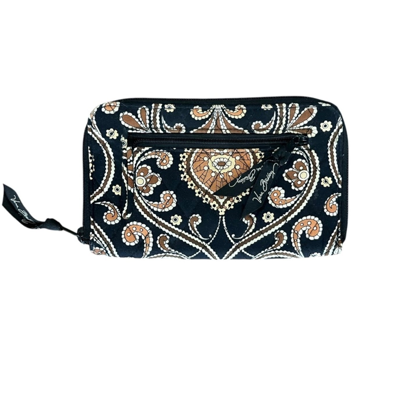 Vera Bradley Zip Around Wallet Large Black Brown Quilted Credit Card Pockets