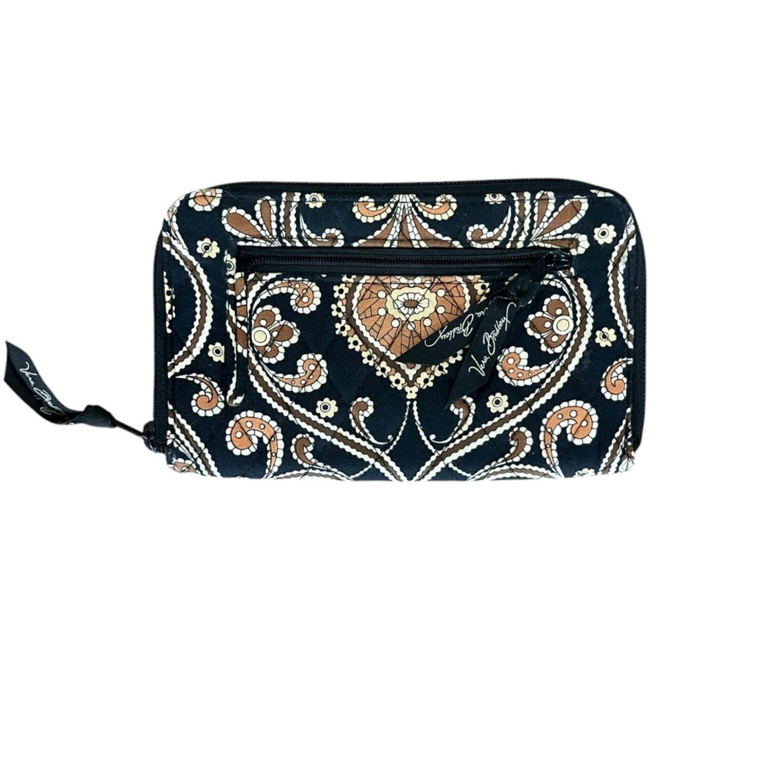 Vera Bradley Zip Around Wallet Large Black Brown Quilted Credit Card Pockets