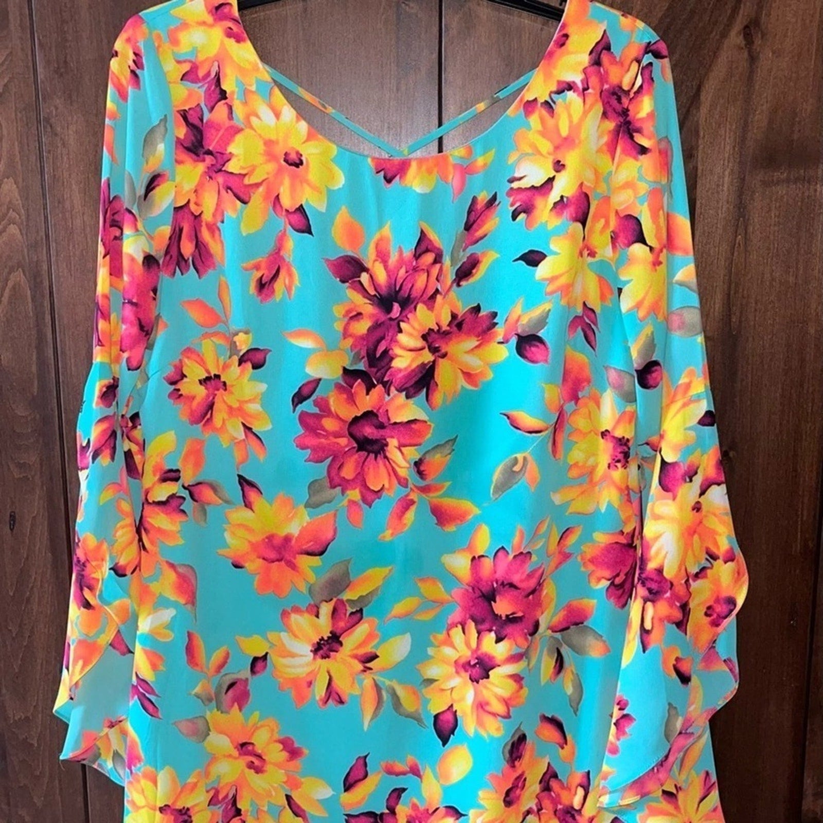 Womens Retro Dress Size Small Hippie Vibrant Floral Dress Flared Sleeves Teal