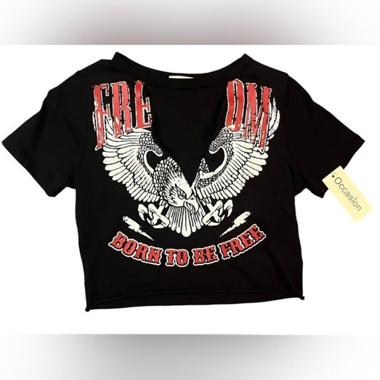 Occasion Biker Crop Top Womens Size Large Black Low V Neck Cutout Eagle NWT 
