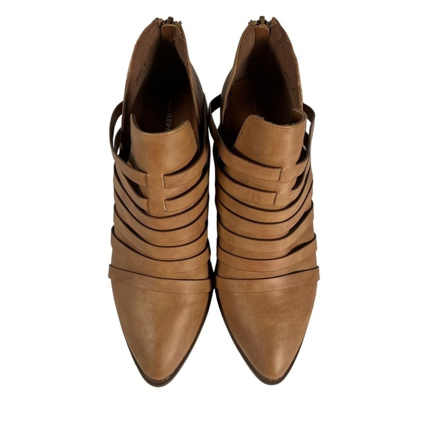 REPORT Trappy Strappy Ankle Bootie Size 8 Almond Tan Bootie Zip Back Block Heel 