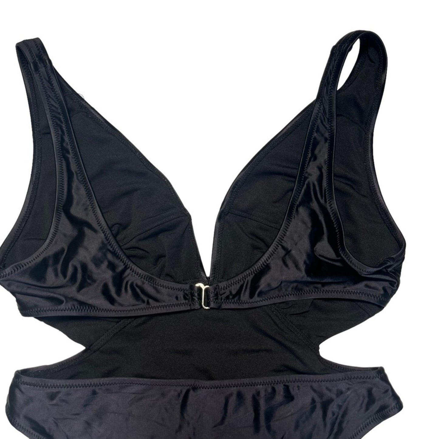Womens Swimsuit One Piece Black Size Large Cutout Plunging Neck High Thigh