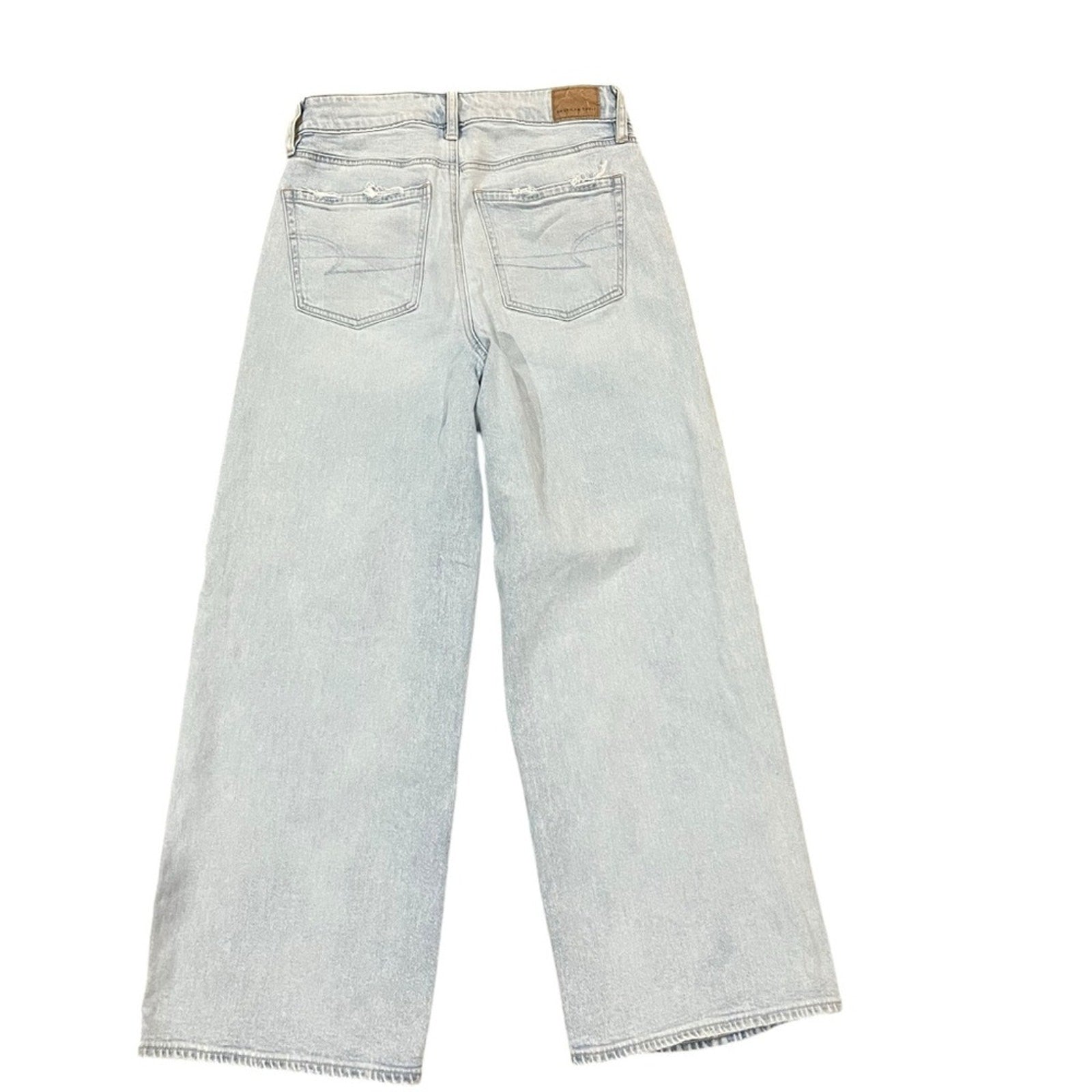 American Eagle Super High Rise Baggy Wide Leg Ankle Light Wash Distressed Sz 00