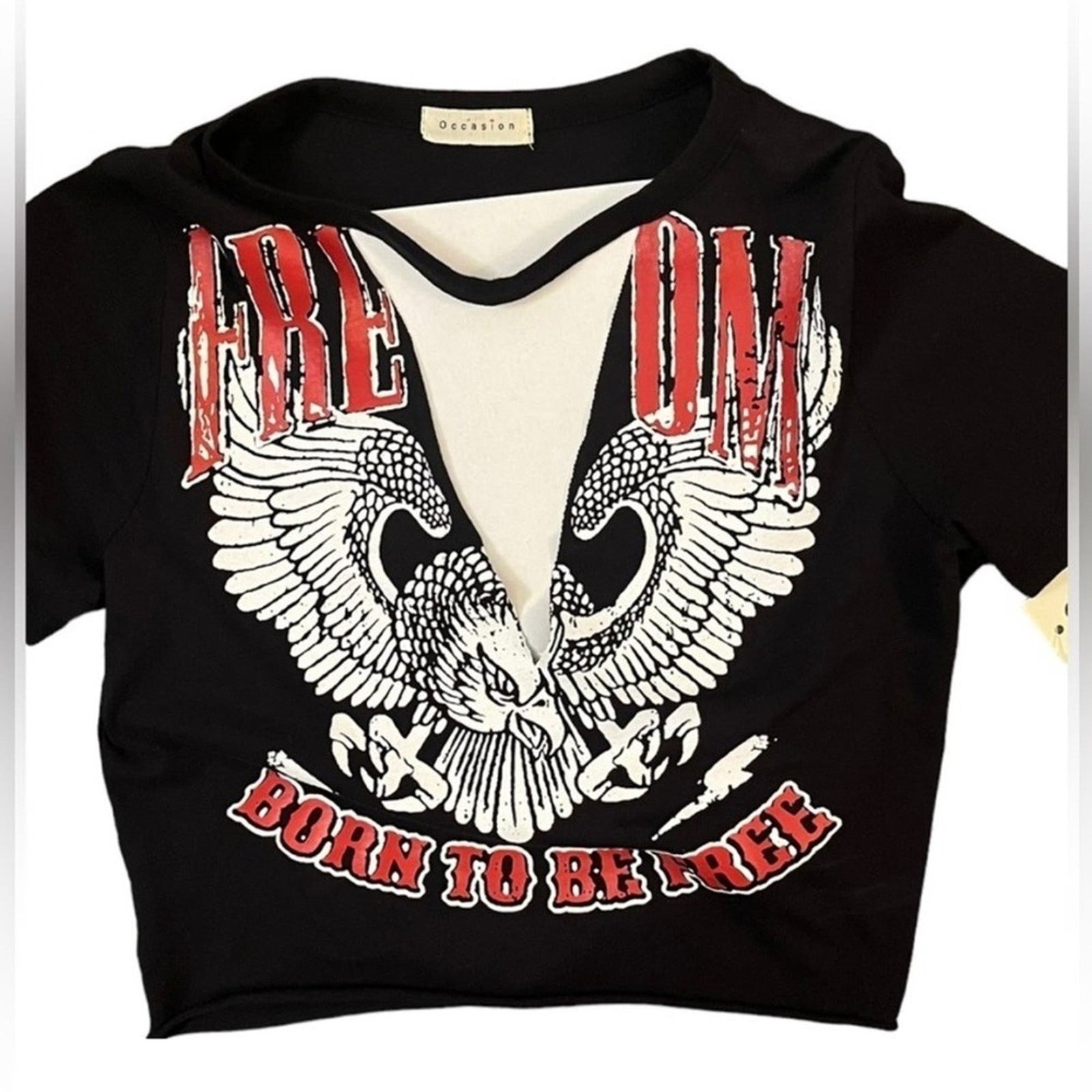 Occasion Biker Crop Top Womens Size Large Black Low V Neck Cutout Eagle NWT 