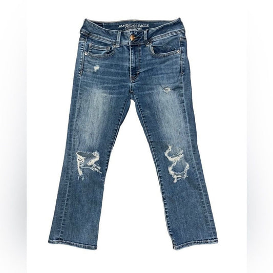 American Eagle Kick Crop Jeans Womens Size 6 Distressed Super Stretch 