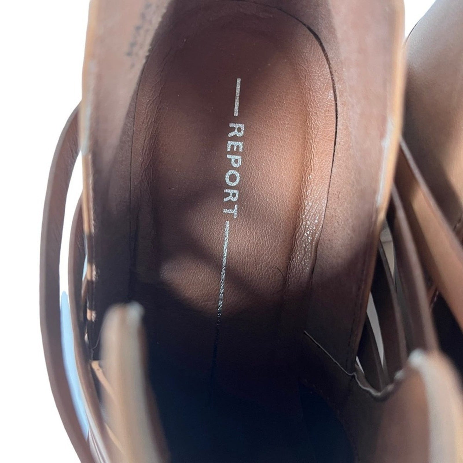 REPORT Trappy Strappy Ankle Bootie Size 8 Almond Tan Bootie Zip Back Block Heel 