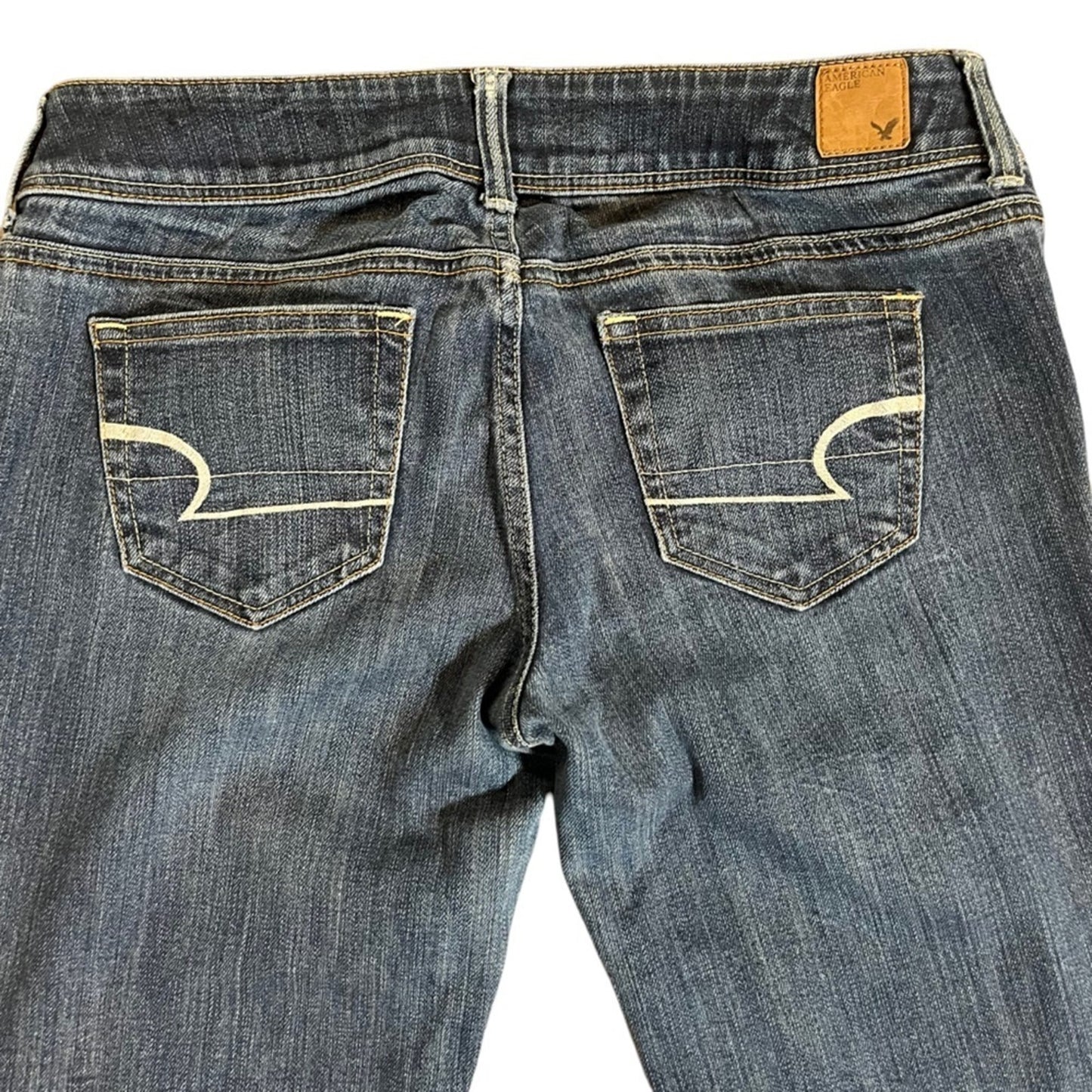American Eagle Slim Boot Stretch Jeans Womens Size 8 Blue Dark Wash Whiskered 