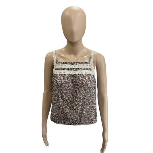 American Eagle Womens Semi Sheer Sleeveless Top Size S Floral Print & Lace 